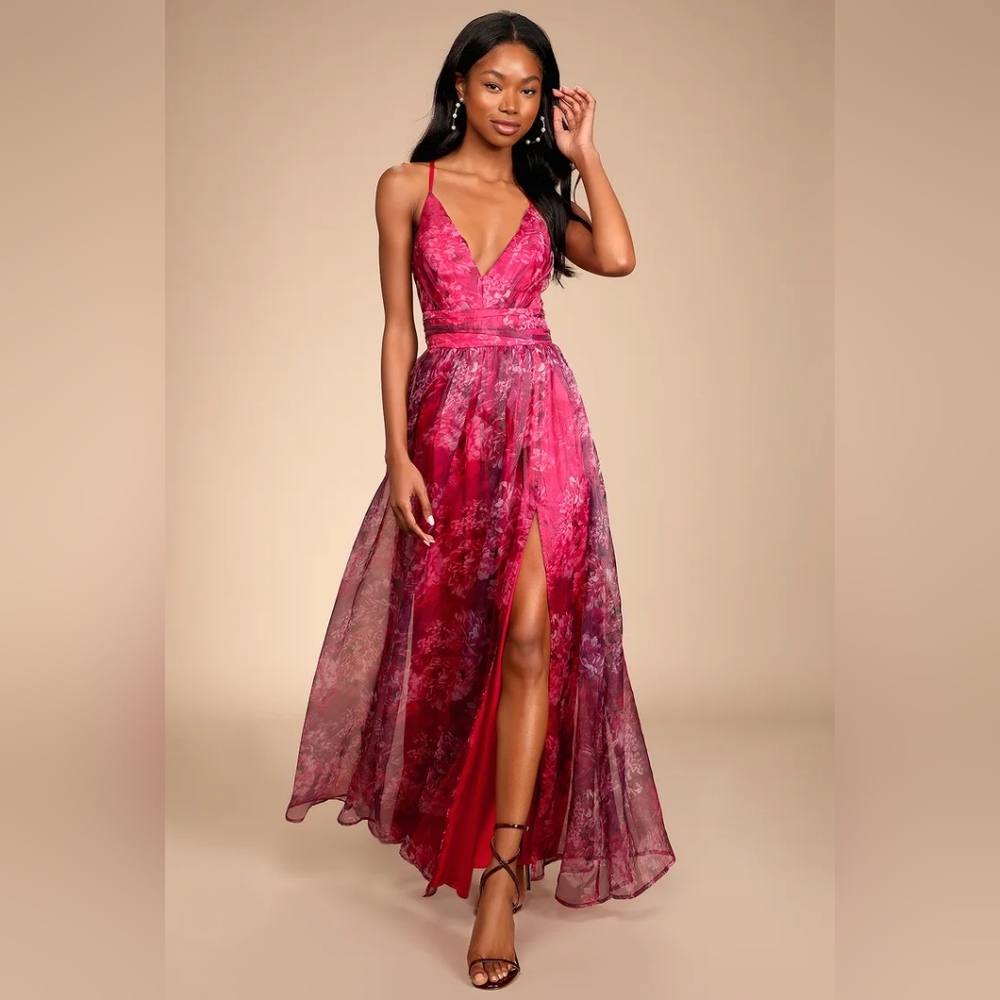 Lulus Romance That Wows Magenta Floral Print Organza Maxi Dress